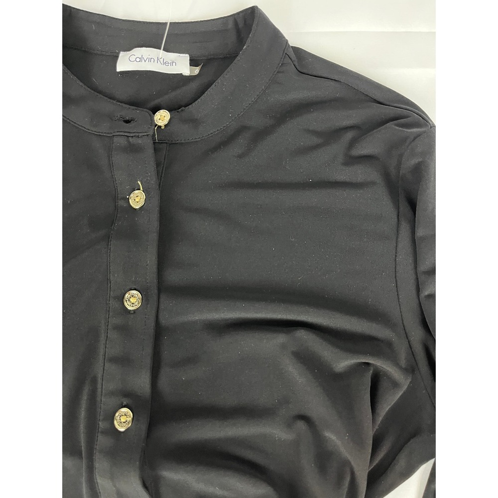Calvin Klein Black Dress Shirt Dress Long Sleeve Gold Buttons‎ Belted Size 6